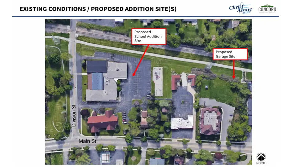 Existing site map with proposed locations for school addition and garage